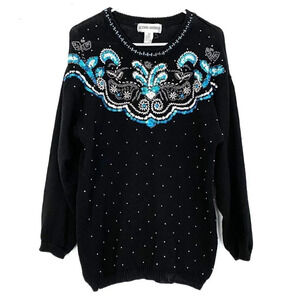 Vintage 80s Grannycore Embellished Pullover Sweater Black Beaded Womens Medium